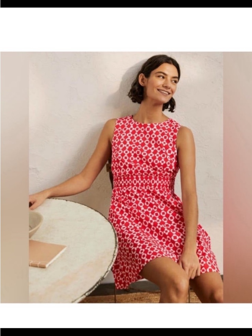 Boden Red & White Geometric Smocked Waist Sleeveless Dress Women’s Size 14R
